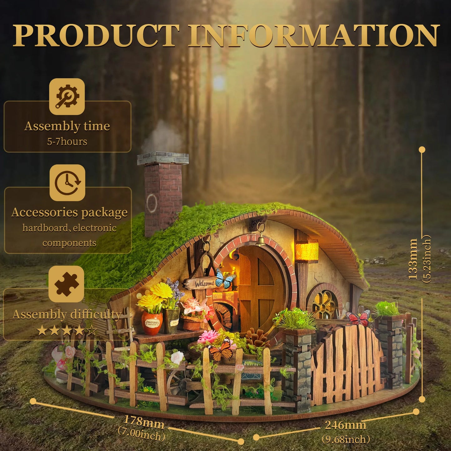 The Cozy Burrow Cottage – DIY Fantasy Miniature Kit with LED Light